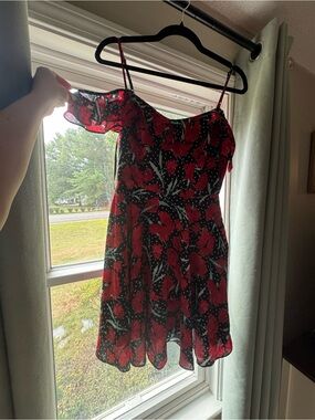 B Darlin Black Dress with Red Floral and Polka Dot Print